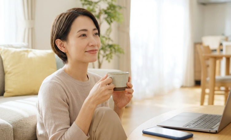 Temuの仕組みを理解し、自分にとって賢い選択をしたことで、穏やかで納得した笑顔を見せる女性。心地よい暮らしのイメージ。